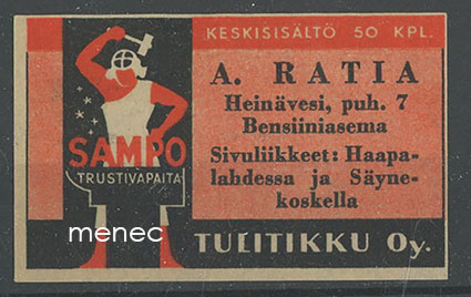 Seppä-tulitikkuetiketti, A. Ratia, Heinävesi 