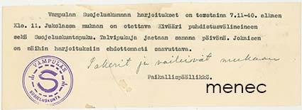 Vapaakirje, kutsu Vampulan Suojeluskunnan pakolllisiin harjoituksiin 7.11.1940 