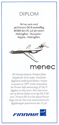 Diplom av Finnairs DC-9-avskedsflyg Helsingfors–Kuusamo–Kajana–Helsingfors 