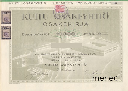 Kuitu Oy, Jääski, osakekirja 15.1.1938, 10000 mk 