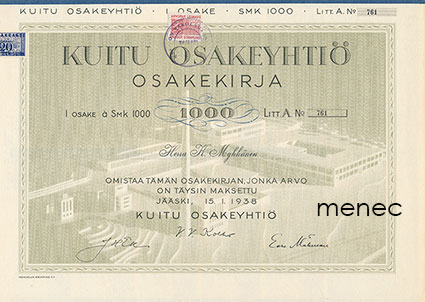 Kuitu Oy, Jääski, osakekirja 15.1.1938, 1000 mk 