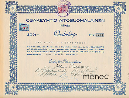 Osakeyhtiö Aitosuomalainen, osakekirja 10.9.1927, 200 mk 