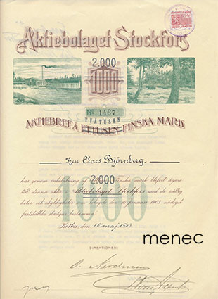 Aktiebolaget Stockfors, Helsinki, osakekirja 15.3.1903, 2000 mk 