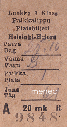 Junalippu, Helsinki, paikkalippu, 3. luokka 