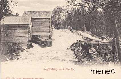 Tukinuittoa, miehiä koskella 