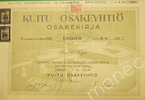 Kuitu Oy, Jääski, osakekirja 1.10.1942, 1000 mk 