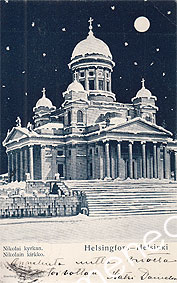 Helsinki, Nikolain kirkko yöllä, taidekortti 