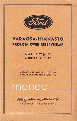 Ford malli Y ja C. Varaosa-hinnasto 
