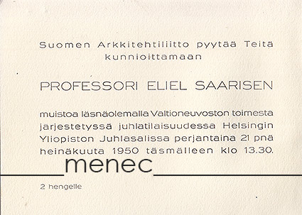 Eliel Saarisen muistojuhlan kutsukortti ja ohjelma 
