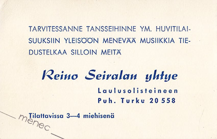 Reino Seiralan yhtye [mainoskortti] 